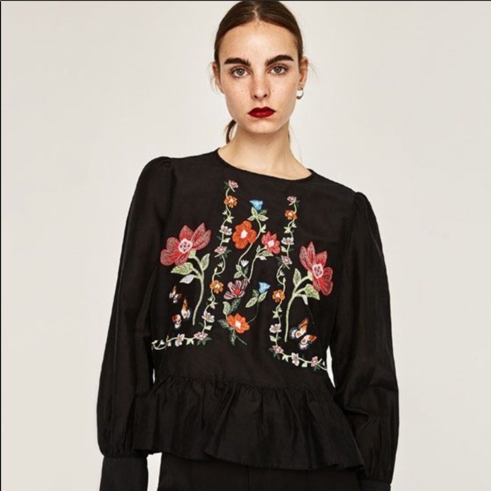 Zara  Black Floral Embroidered Blouse Top